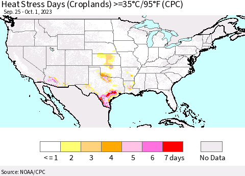 United States Heat Stress Days (Croplands) >=35°C/95°F (CPC) Thematic Map For 9/25/2023 - 10/1/2023
