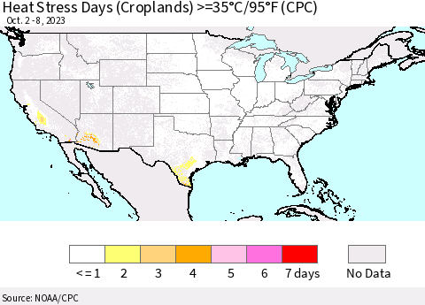 United States Heat Stress Days (Croplands) >=35°C/95°F (CPC) Thematic Map For 10/2/2023 - 10/8/2023