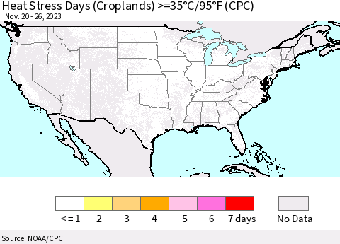 United States Heat Stress Days (Croplands) >=35°C/95°F (CPC) Thematic Map For 11/20/2023 - 11/26/2023