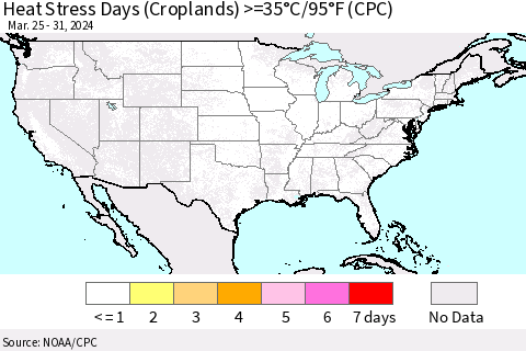 United States Heat Stress Days (Croplands) >=35°C/95°F (CPC) Thematic Map For 3/25/2024 - 3/31/2024