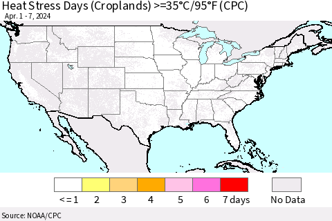 United States Heat Stress Days (Croplands) >=35°C/95°F (CPC) Thematic Map For 4/1/2024 - 4/7/2024