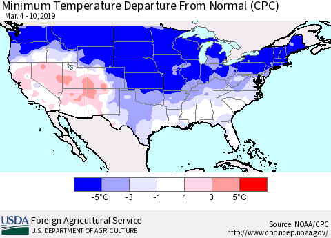 United States Mean Minimum Temperature Departure from Normal (CPC) Thematic Map For 3/4/2019 - 3/10/2019