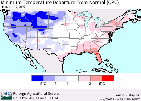 United States Mean Minimum Temperature Departure from Normal (CPC) Thematic Map For 3/11/2019 - 3/17/2019
