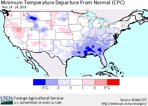 United States Mean Minimum Temperature Departure from Normal (CPC) Thematic Map For 3/18/2019 - 3/24/2019