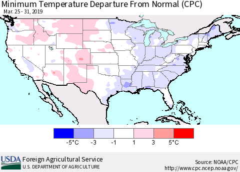 United States Mean Minimum Temperature Departure from Normal (CPC) Thematic Map For 3/25/2019 - 3/31/2019