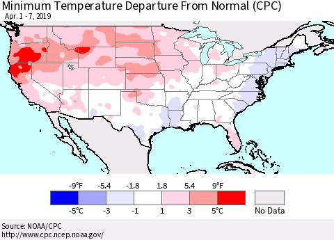 United States Mean Minimum Temperature Departure from Normal (CPC) Thematic Map For 4/1/2019 - 4/7/2019