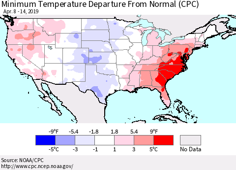 United States Mean Minimum Temperature Departure from Normal (CPC) Thematic Map For 4/8/2019 - 4/14/2019