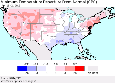 United States Mean Minimum Temperature Departure from Normal (CPC) Thematic Map For 4/15/2019 - 4/21/2019