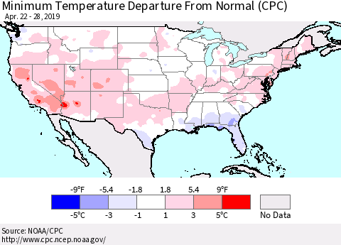 United States Mean Minimum Temperature Departure from Normal (CPC) Thematic Map For 4/22/2019 - 4/28/2019