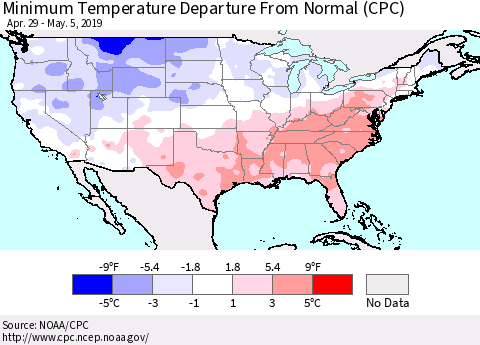 United States Mean Minimum Temperature Departure from Normal (CPC) Thematic Map For 4/29/2019 - 5/5/2019