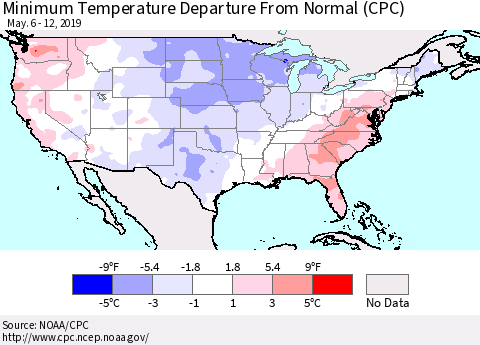 United States Mean Minimum Temperature Departure from Normal (CPC) Thematic Map For 5/6/2019 - 5/12/2019