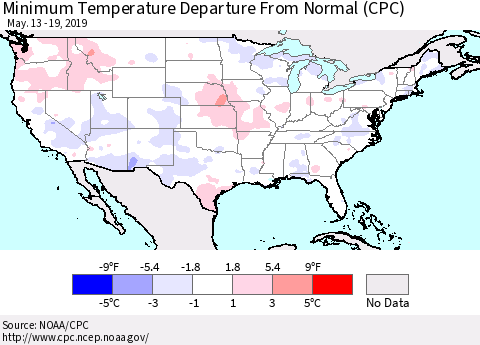 United States Mean Minimum Temperature Departure from Normal (CPC) Thematic Map For 5/13/2019 - 5/19/2019