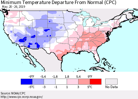 United States Mean Minimum Temperature Departure from Normal (CPC) Thematic Map For 5/20/2019 - 5/26/2019
