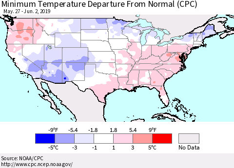 United States Mean Minimum Temperature Departure from Normal (CPC) Thematic Map For 5/27/2019 - 6/2/2019