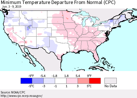 United States Mean Minimum Temperature Departure from Normal (CPC) Thematic Map For 6/3/2019 - 6/9/2019