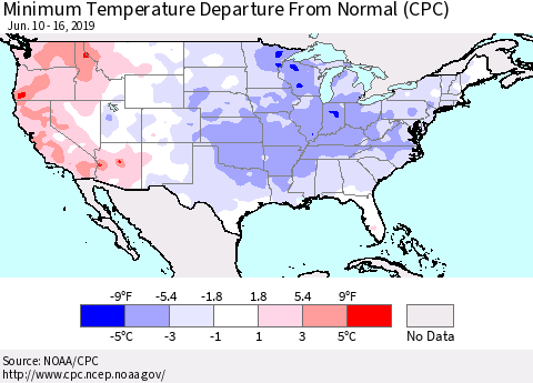 United States Mean Minimum Temperature Departure from Normal (CPC) Thematic Map For 6/10/2019 - 6/16/2019