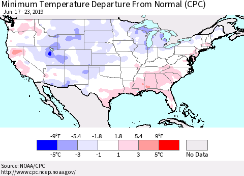 United States Mean Minimum Temperature Departure from Normal (CPC) Thematic Map For 6/17/2019 - 6/23/2019