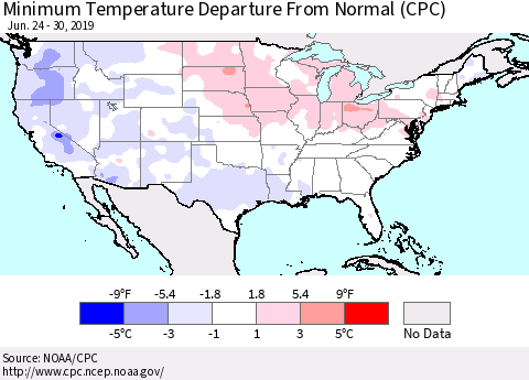 United States Mean Minimum Temperature Departure from Normal (CPC) Thematic Map For 6/24/2019 - 6/30/2019