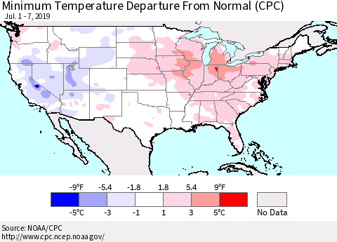United States Mean Minimum Temperature Departure from Normal (CPC) Thematic Map For 7/1/2019 - 7/7/2019