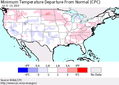 United States Mean Minimum Temperature Departure from Normal (CPC) Thematic Map For 7/8/2019 - 7/14/2019