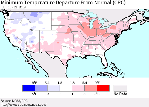 United States Mean Minimum Temperature Departure from Normal (CPC) Thematic Map For 7/15/2019 - 7/21/2019