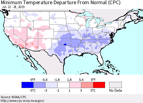 United States Mean Minimum Temperature Departure from Normal (CPC) Thematic Map For 7/22/2019 - 7/28/2019