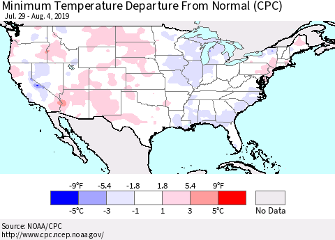 United States Mean Minimum Temperature Departure from Normal (CPC) Thematic Map For 7/29/2019 - 8/4/2019