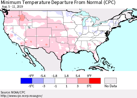United States Mean Minimum Temperature Departure from Normal (CPC) Thematic Map For 8/5/2019 - 8/11/2019