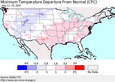 United States Mean Minimum Temperature Departure from Normal (CPC) Thematic Map For 8/12/2019 - 8/18/2019