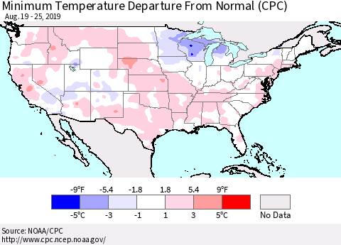United States Mean Minimum Temperature Departure from Normal (CPC) Thematic Map For 8/19/2019 - 8/25/2019