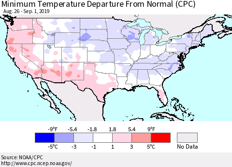 United States Mean Minimum Temperature Departure from Normal (CPC) Thematic Map For 8/26/2019 - 9/1/2019