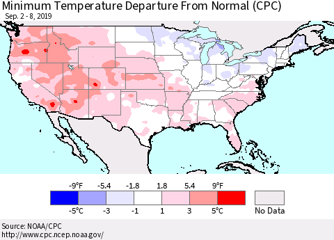 United States Mean Minimum Temperature Departure from Normal (CPC) Thematic Map For 9/2/2019 - 9/8/2019