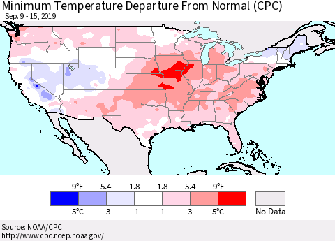 United States Mean Minimum Temperature Departure from Normal (CPC) Thematic Map For 9/9/2019 - 9/15/2019