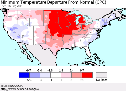 United States Mean Minimum Temperature Departure from Normal (CPC) Thematic Map For 9/16/2019 - 9/22/2019