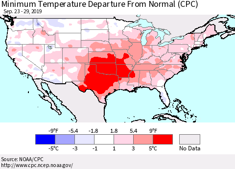 United States Mean Minimum Temperature Departure from Normal (CPC) Thematic Map For 9/23/2019 - 9/29/2019
