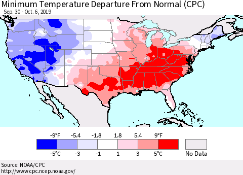 United States Mean Minimum Temperature Departure from Normal (CPC) Thematic Map For 9/30/2019 - 10/6/2019