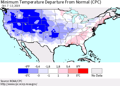 United States Mean Minimum Temperature Departure from Normal (CPC) Thematic Map For 10/7/2019 - 10/13/2019