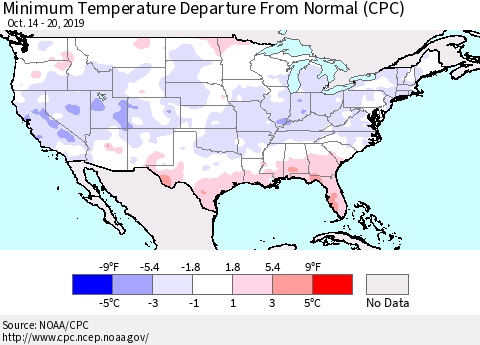 United States Mean Minimum Temperature Departure from Normal (CPC) Thematic Map For 10/14/2019 - 10/20/2019