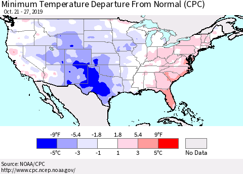 United States Mean Minimum Temperature Departure from Normal (CPC) Thematic Map For 10/21/2019 - 10/27/2019