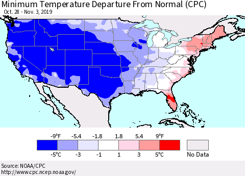 United States Mean Minimum Temperature Departure from Normal (CPC) Thematic Map For 10/28/2019 - 11/3/2019