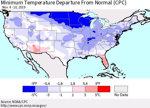 United States Mean Minimum Temperature Departure from Normal (CPC) Thematic Map For 11/4/2019 - 11/10/2019