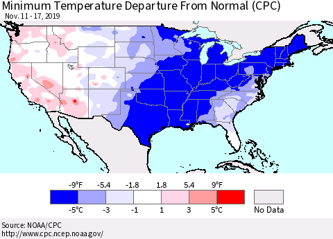 United States Mean Minimum Temperature Departure from Normal (CPC) Thematic Map For 11/11/2019 - 11/17/2019