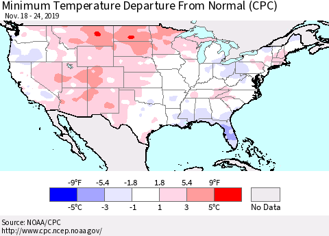 United States Mean Minimum Temperature Departure from Normal (CPC) Thematic Map For 11/18/2019 - 11/24/2019