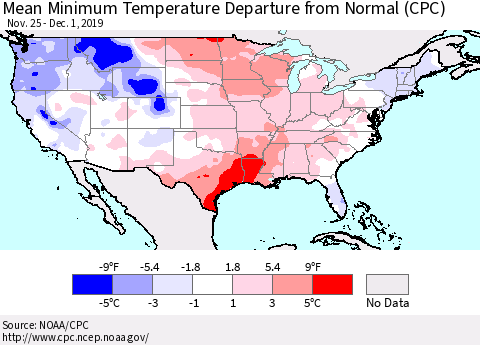 United States Mean Minimum Temperature Departure from Normal (CPC) Thematic Map For 11/25/2019 - 12/1/2019