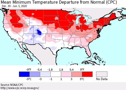 United States Mean Minimum Temperature Departure from Normal (CPC) Thematic Map For 12/30/2019 - 1/5/2020