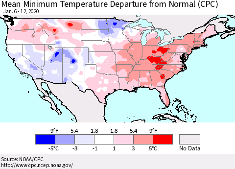 United States Mean Minimum Temperature Departure from Normal (CPC) Thematic Map For 1/6/2020 - 1/12/2020