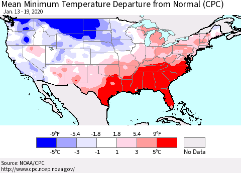 United States Mean Minimum Temperature Departure from Normal (CPC) Thematic Map For 1/13/2020 - 1/19/2020