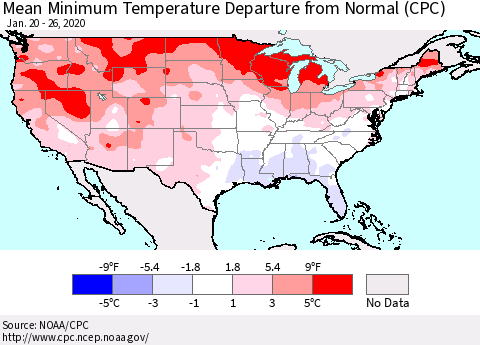 United States Mean Minimum Temperature Departure from Normal (CPC) Thematic Map For 1/20/2020 - 1/26/2020