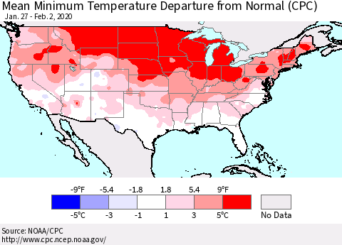 United States Mean Minimum Temperature Departure from Normal (CPC) Thematic Map For 1/27/2020 - 2/2/2020