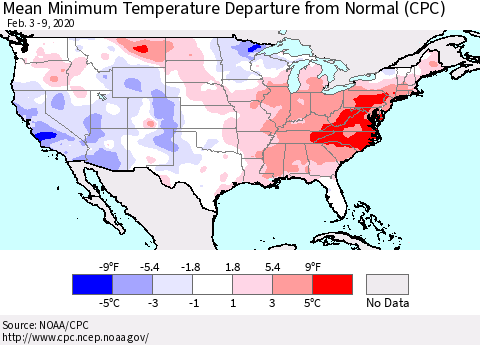 United States Mean Minimum Temperature Departure from Normal (CPC) Thematic Map For 2/3/2020 - 2/9/2020